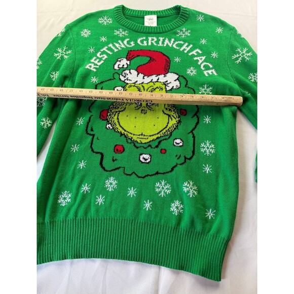 Ugly Christmas Resting Grinch Face Sweater Green Crew Neck Large Holiday - Picture 4 of 5